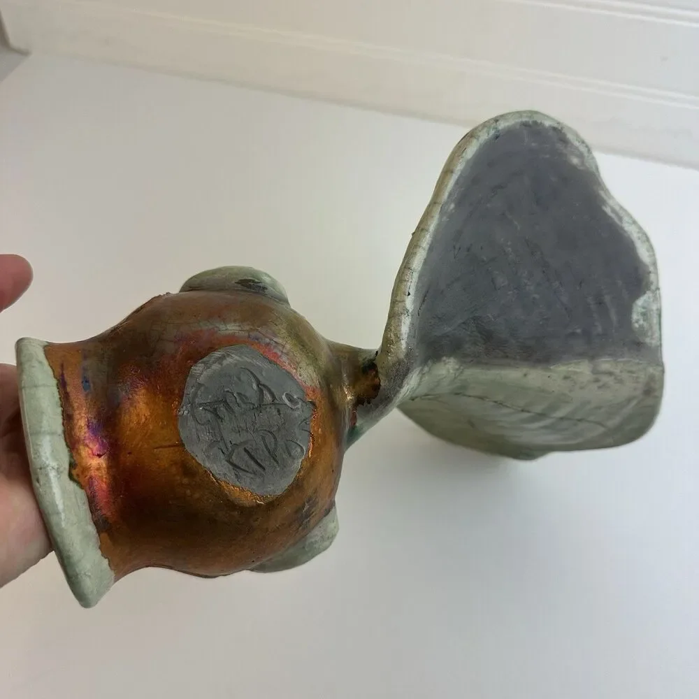 Artisan Raku Pottery Happy Surprised Fish Whimsical Coastal Beach Signed Ceramic